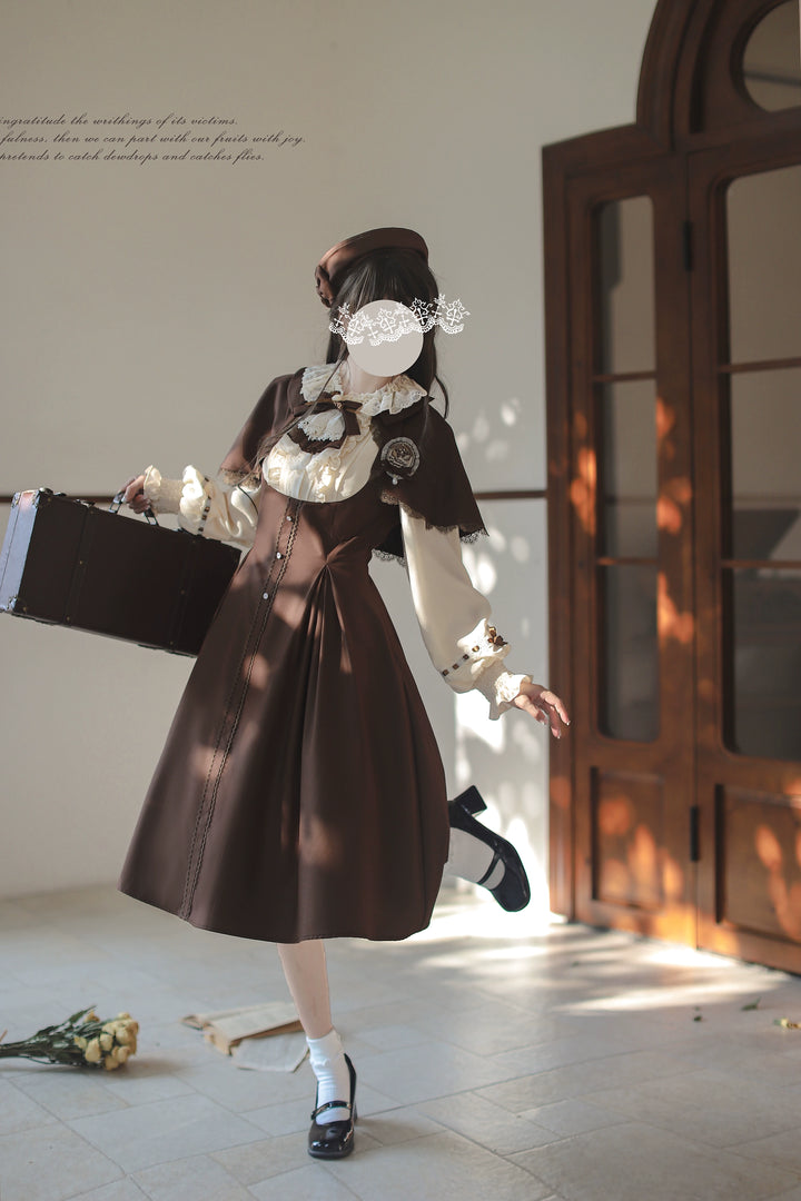 Elegant Lolita Brown and Beige OP Dress Set 44124:797964