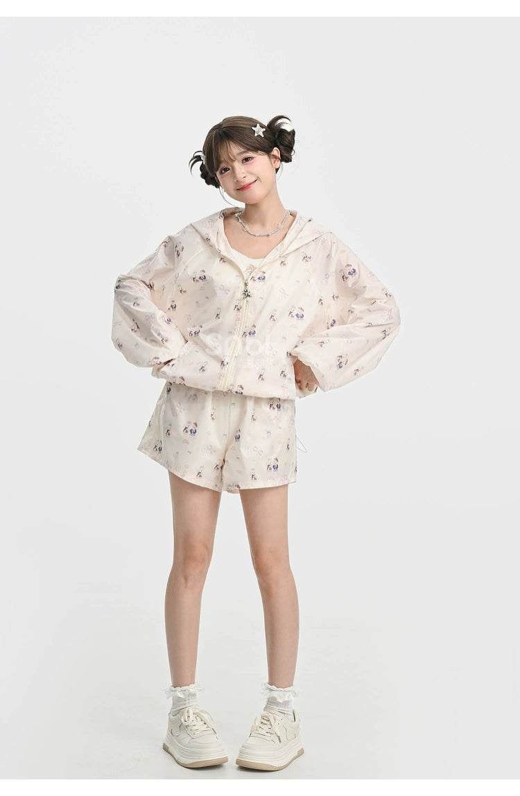 Kawaii Coat Bear Print Sun Protection Hooded Jacket Shorts Set 35900:544412