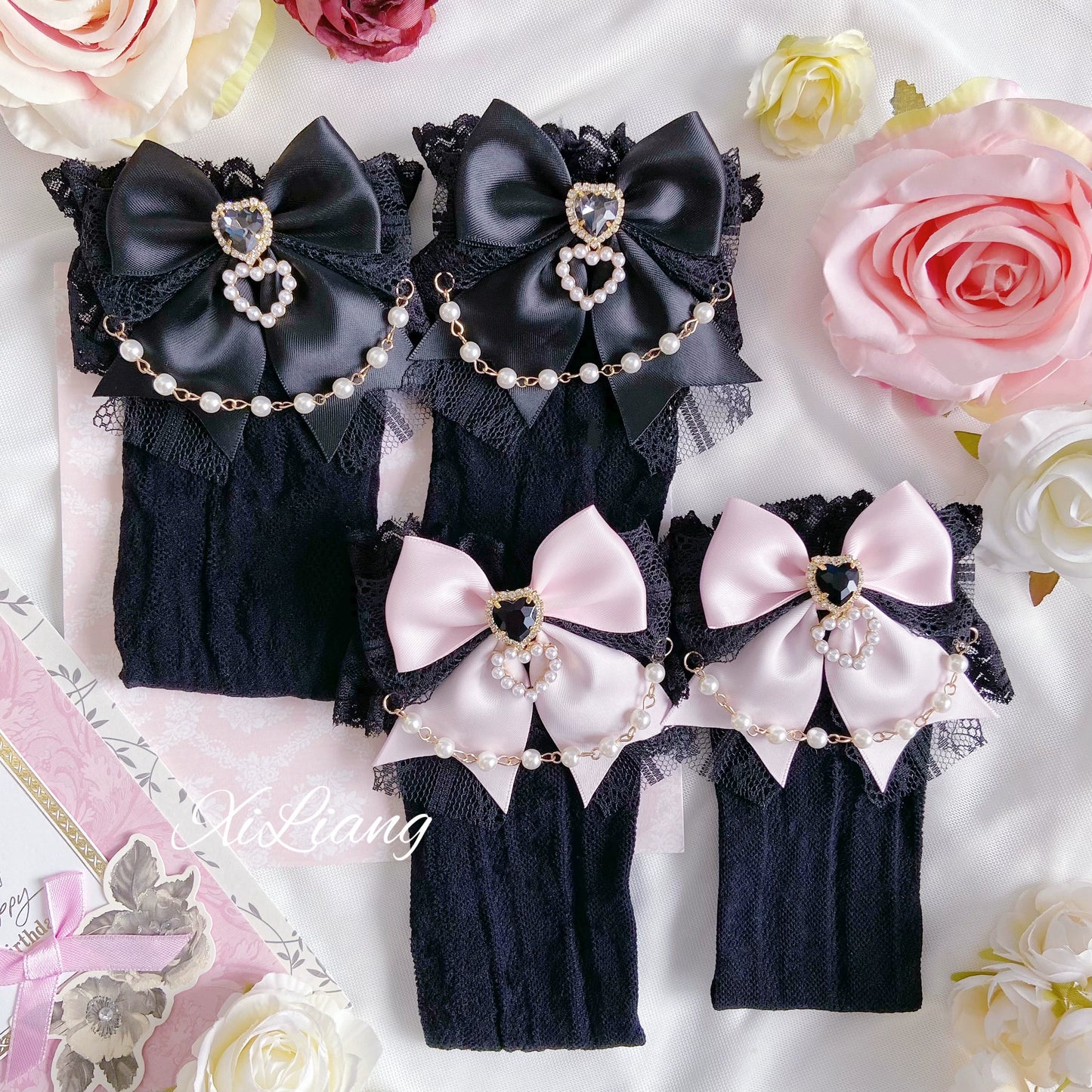 Jirai Kei Handmade Bow Pearl Heart Lolita Lace Socks 28904:326746