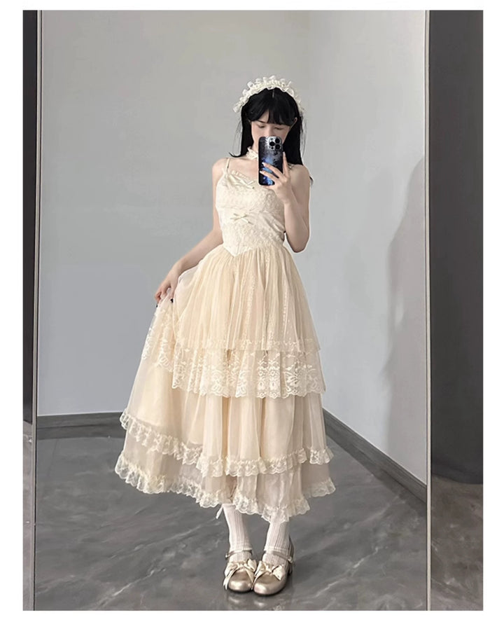 Classic Lolita Dress With Large Flounce Hem And Beige Puff Sleeves Shirt 38068:608714