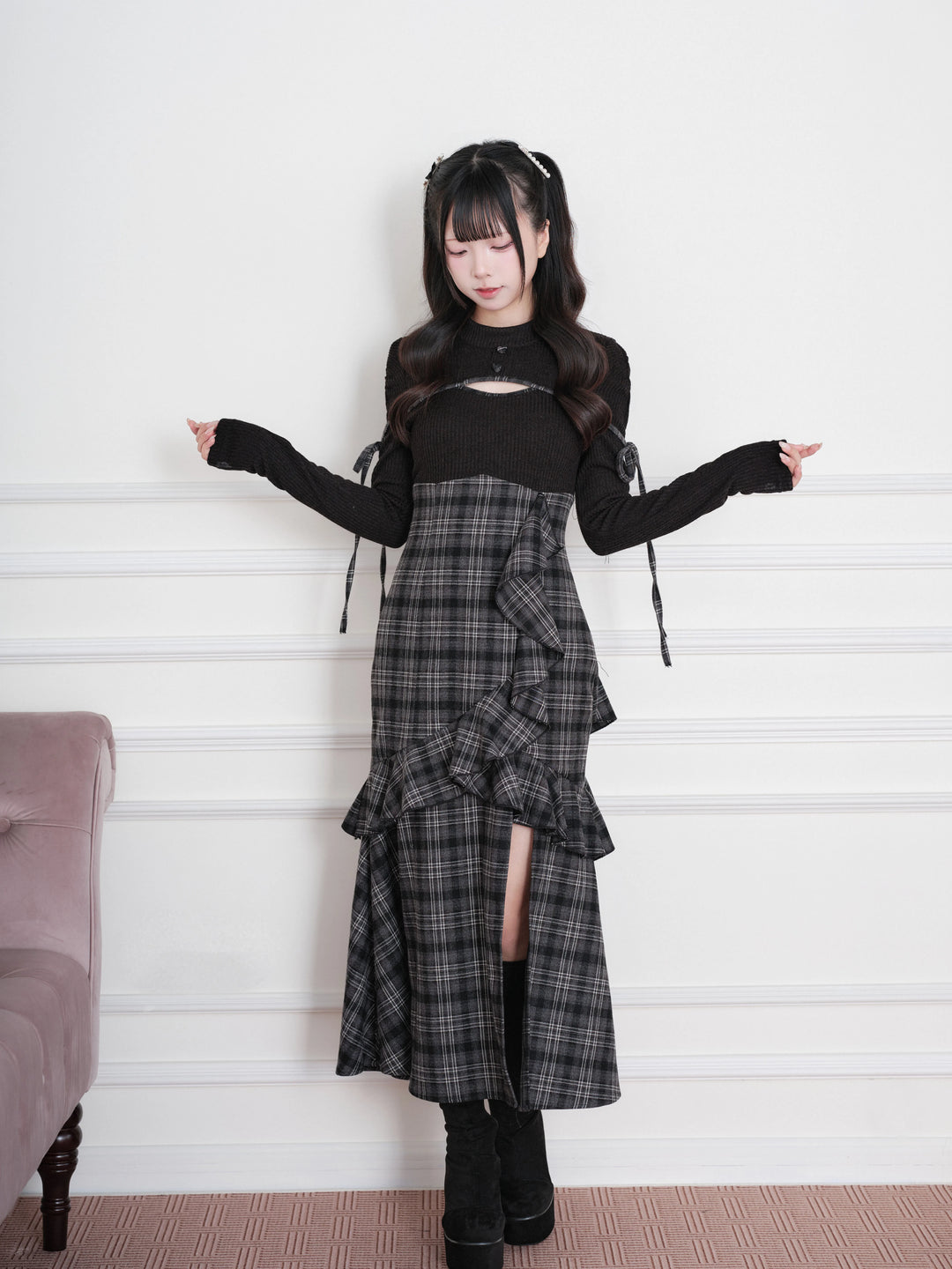 Jirai Kei Plaid Dress, Chest Cutout & Flounce Slit Hem 45956:869336