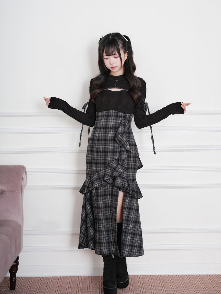 Jirai Kei Plaid Dress, Chest Cutout & Flounce Slit Hem 45956:869336