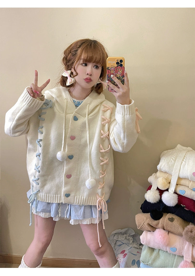 Kawaii White Pink Blue Cardigan Bunny Ears Sweater Coat 22658:345232 22658:345232