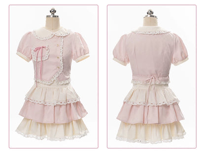 Kawaii Pink Outfit Set Sweet Tiered Skirt Set 37546:576770