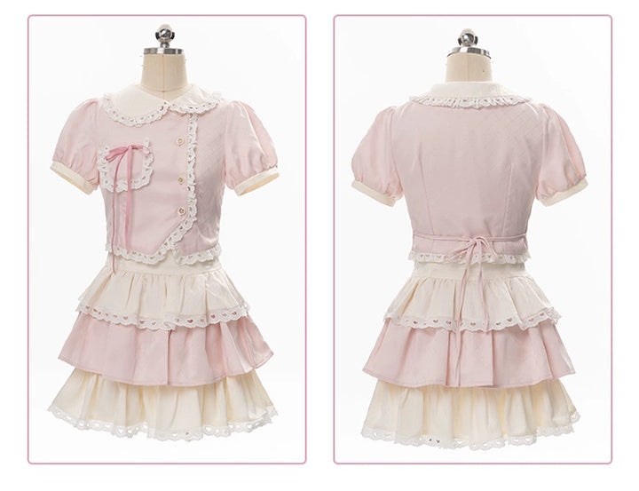 Kawaii Pink Outfit Set Sweet Tiered Skirt Set 37546:576770