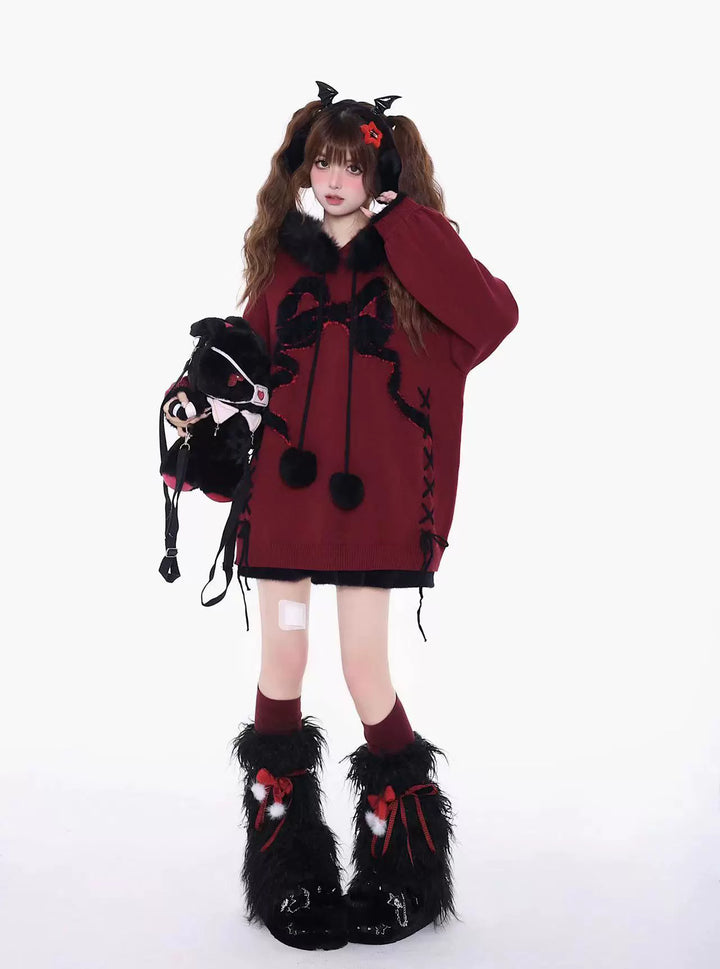 Yami Kawaii Sweater Bow Black Red Hoodie Detachable Collar (M S) 39556:639624