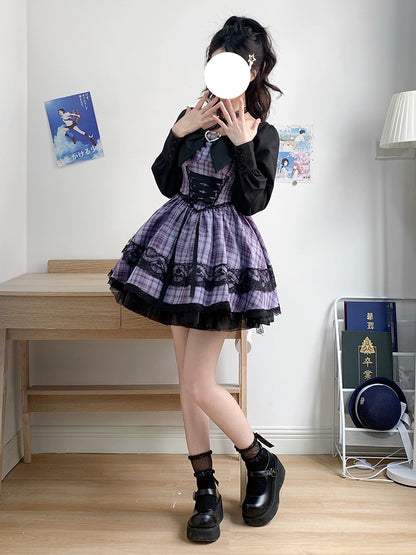 Jirai Kei Dress Puff Sleeves Purple Dress Heart Buckle Dress 36418:570236