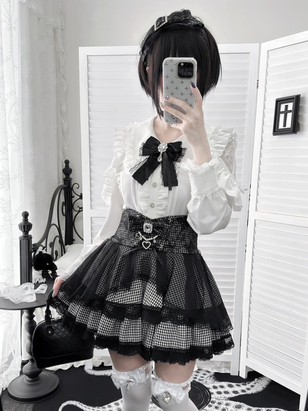 Ryousangata White Blouse & Houndstooth Skirt Set 46074:874722