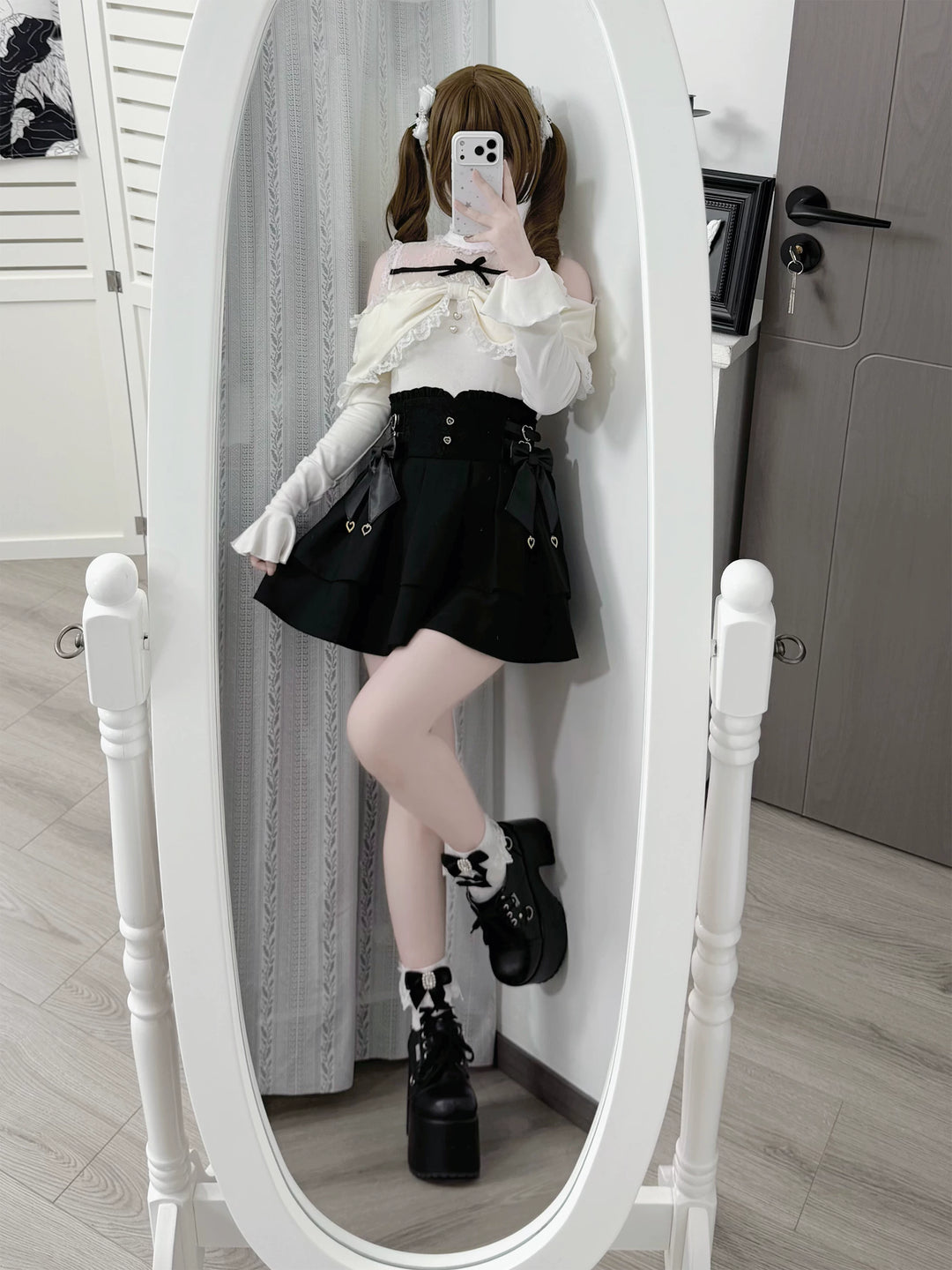Seiso Kei Sweater and High Waist Skirt Set, Open-Shoulder 45989:871678