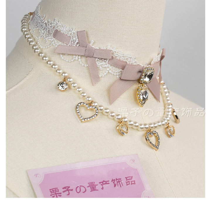 Jirai Kei Lace Choker, Detachable Faux Pearl Necklace 44010:793232