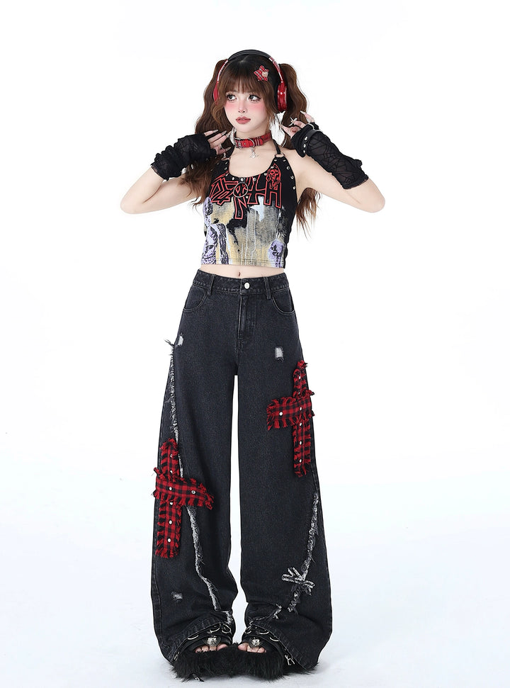 Punk Wide-Leg Pants Subculture Trousers Black Straight Jeans 39548:632750