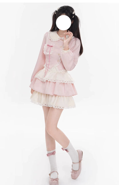 Kawaii Pink Outfit Set Sweet Tiered Skirt Set 37546:576796