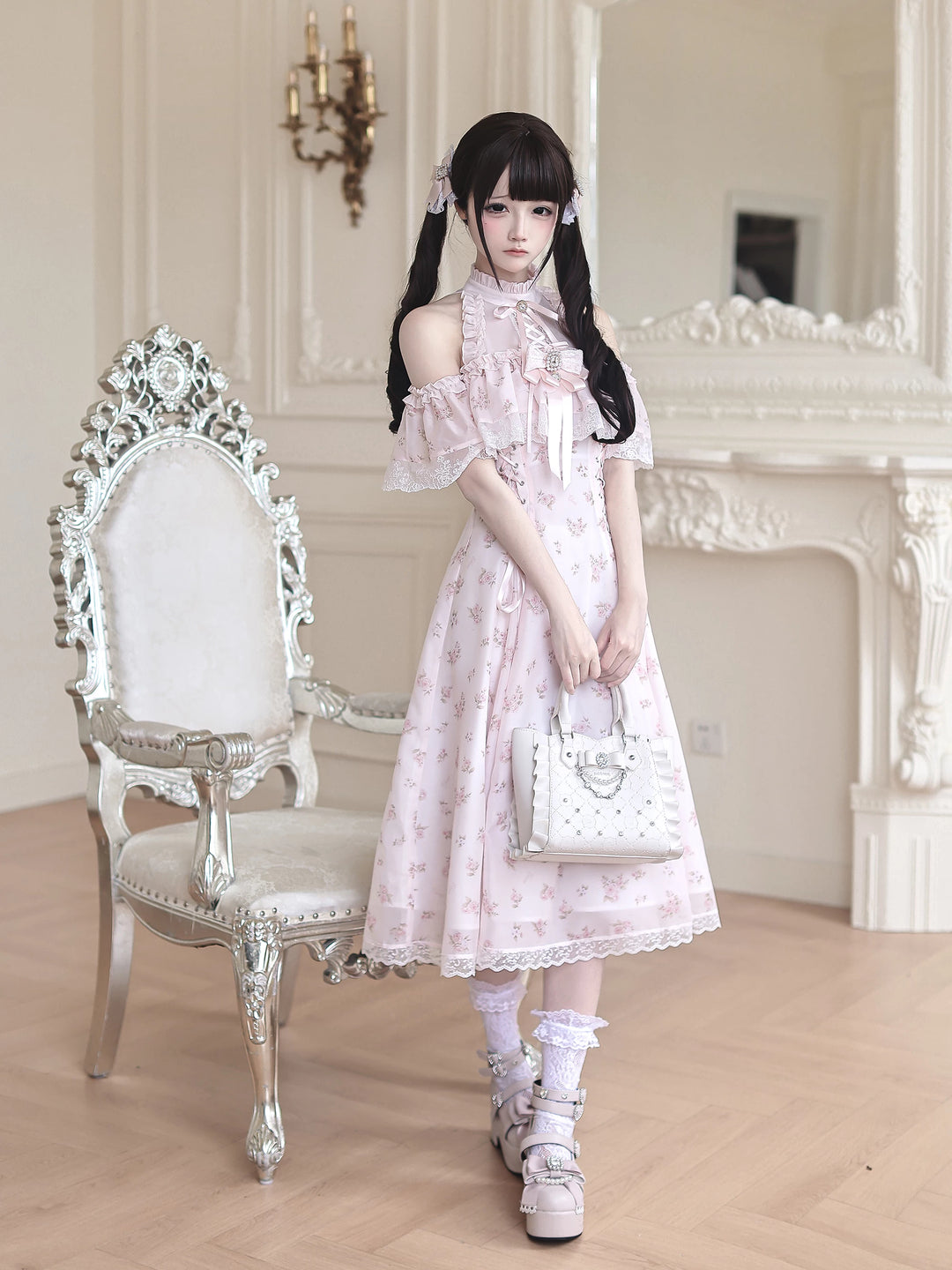 Seiso Kei Floral Print Long Dress, Open Shoulder 45360:847059