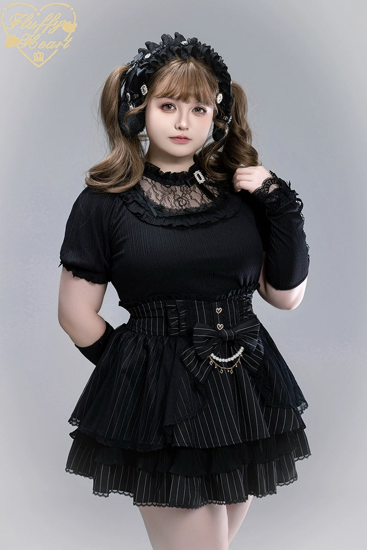 Striped High Waist Jirai Kei Skirt, Detachable Bow 43679:785980