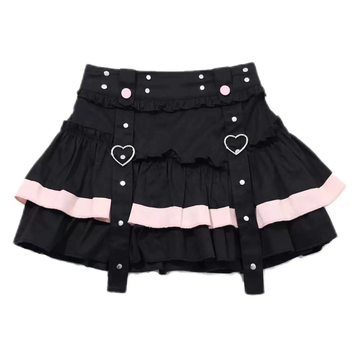 Gyaru Fashion Skirt Black Double-hem Skirt Heart Buckle Skirt (L M S / Black) 35792:577868