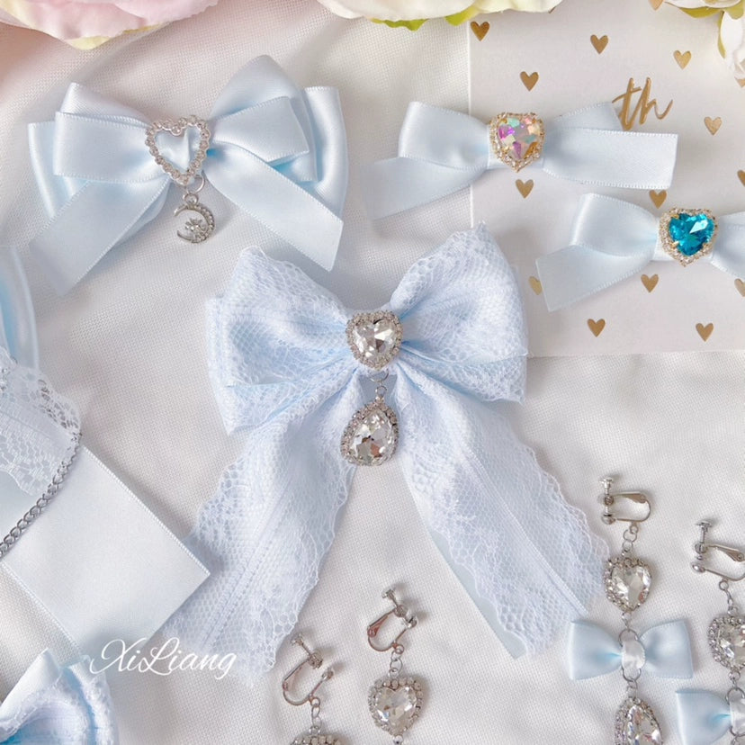 Jirai Kei Blue Hair clips Heart Rhinestone Bow Accessories 33792:450004 33792:450004