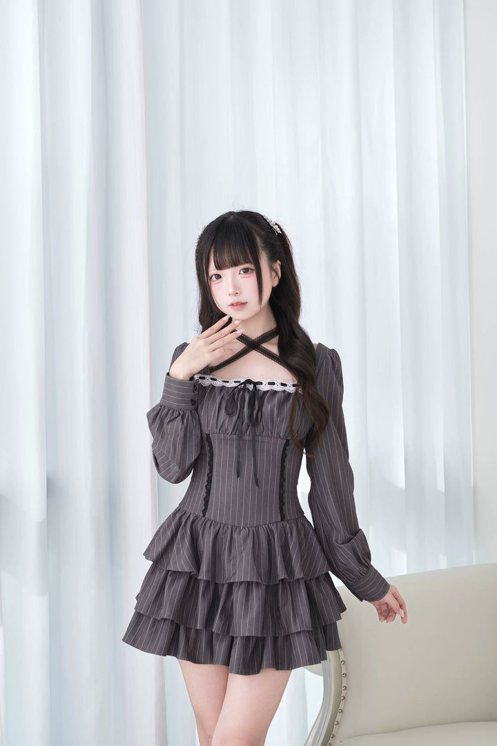 Jirai Kei Halter Neck Dress, Tiered Ruffles 44688:819244