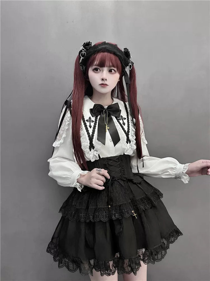 Jirai Kei Flutter Sleeve Suspender Skirt Set, Cross Pendants 45581:860449
