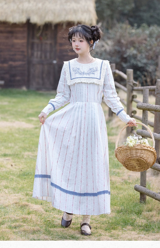 Cottagecore Dress Vintage Floral Striped Dress 36244:534226