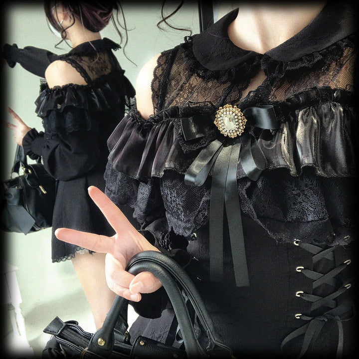 Jirai Kei Open-Shoulder Dress, Bust Lace Flounce Hem 44468:809934