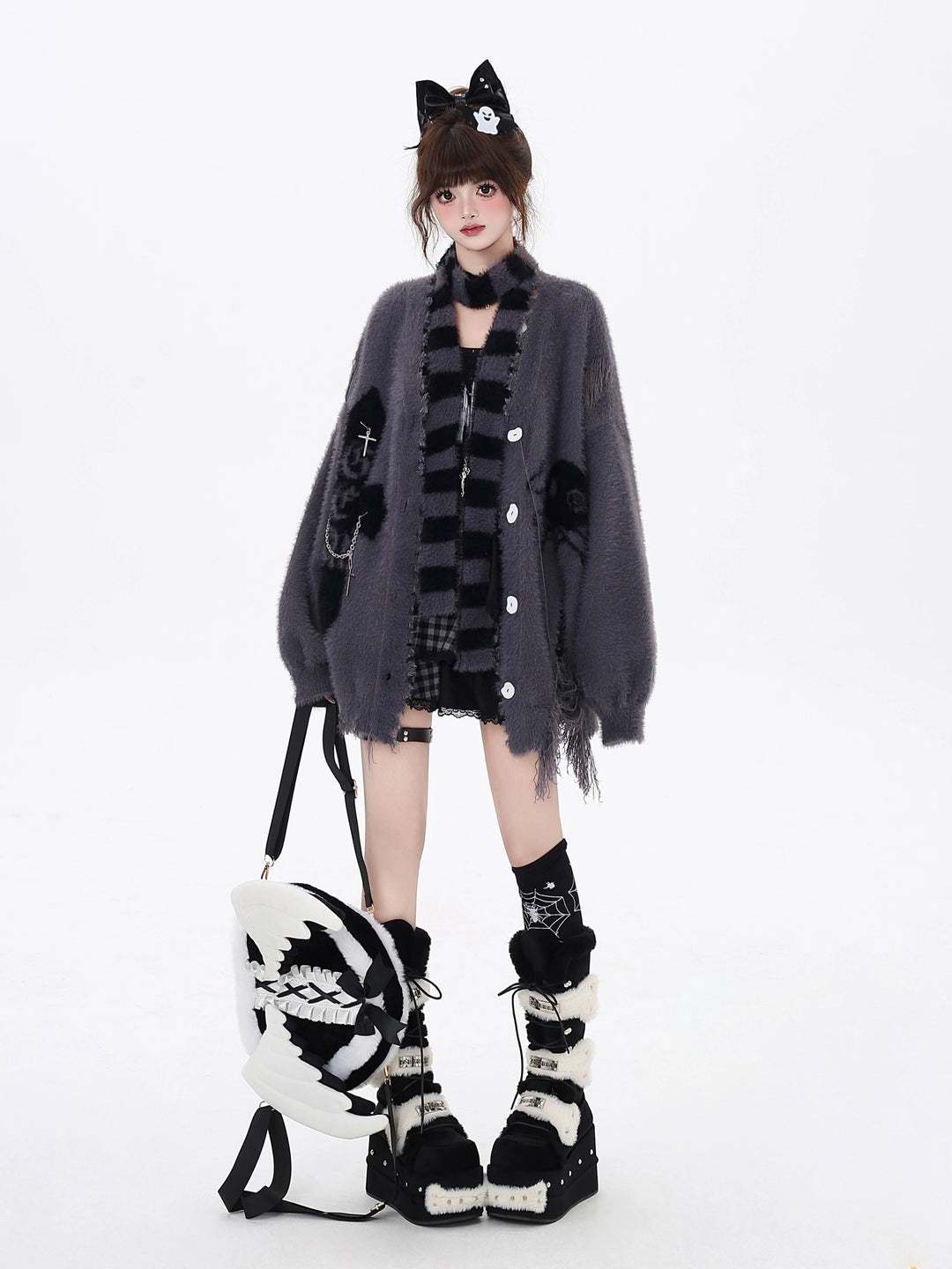 Jirai Kei Sweater Irregular Hem Cardigan With Striped Scarf Jirai Kei Sweater Irregular Hem Cardigan With Striped Scarf