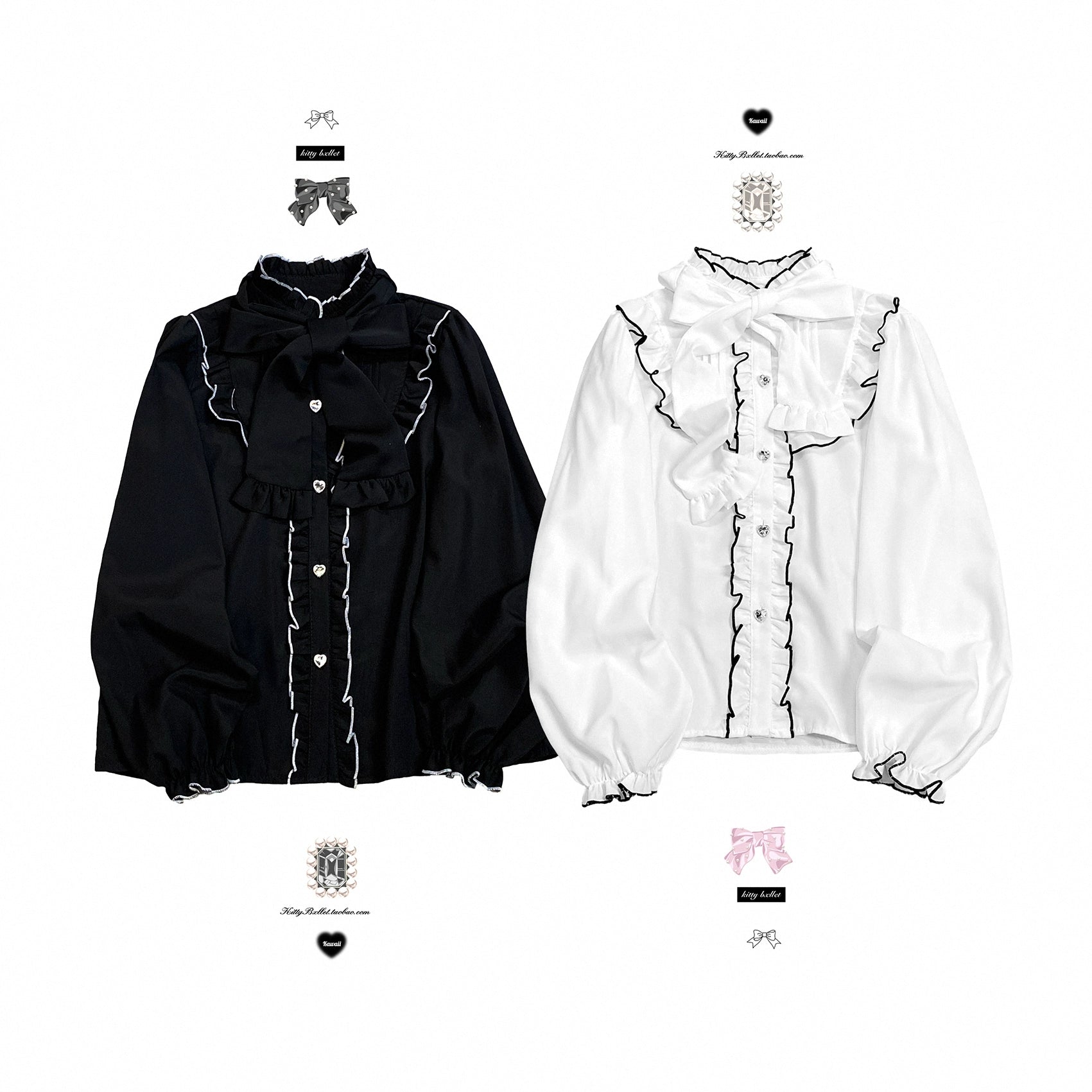 Jirai Kei White Black Blouse Lace Standing Collar Long Sleeved Shirt 31852:372666