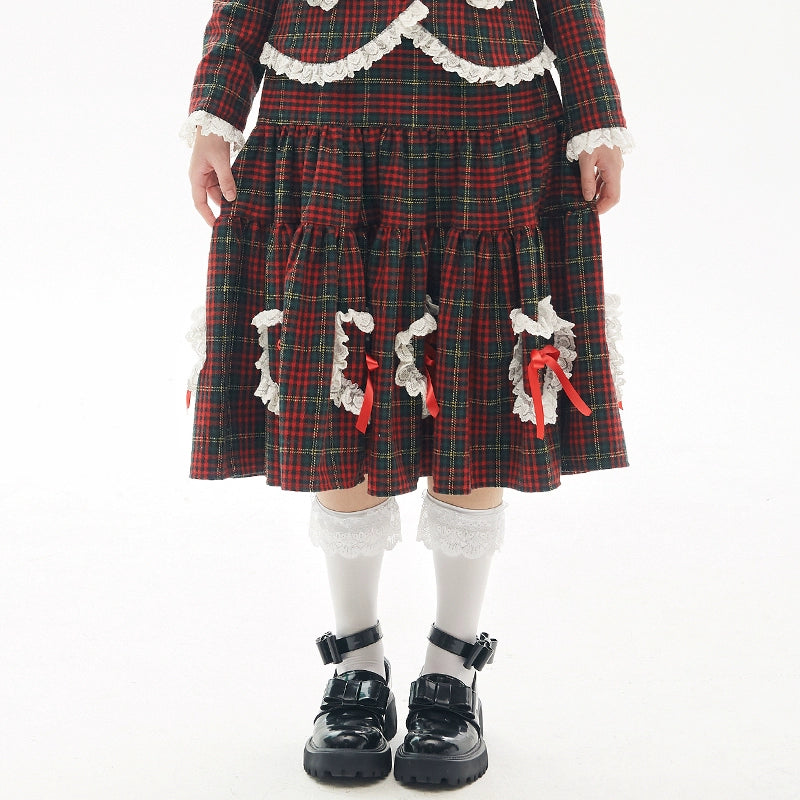 Retro Lolita Skirt Showa Christmas Winter Red Plaid Skirt 40316:662934