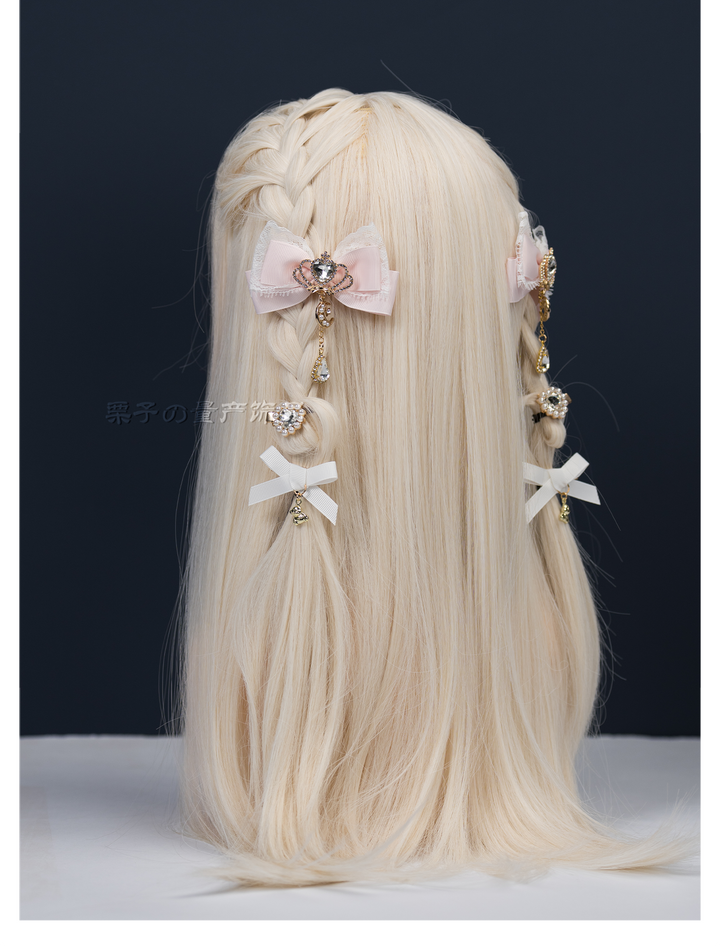 Jirai Kei Bow Hair Clips, Rhinestone Crown and Pearl Chain 44194:802738