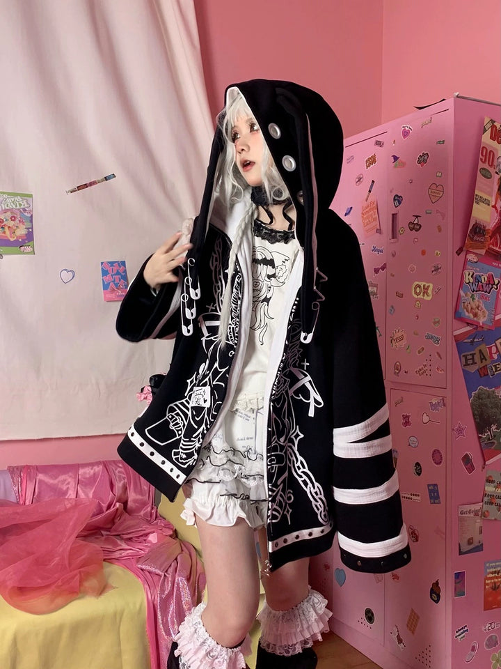 Y2K Winter Coat Rabbit Ear Hooded Anime Girl Printed Coat (L M S) 33594:443966 (L M S) 33594:443966