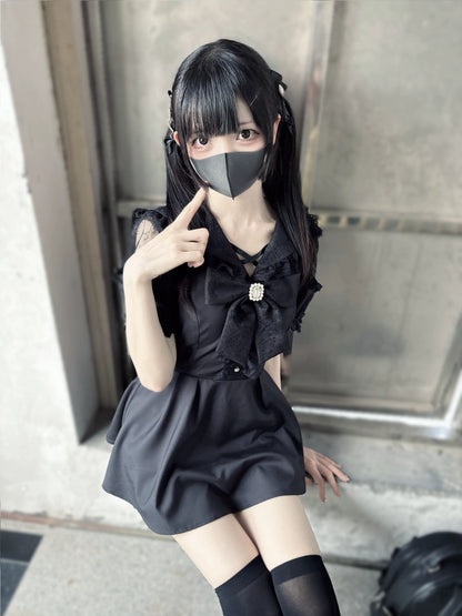 Jirai Kei Dress Set Black Short Sleeve Dress And Shorts 37848:571590