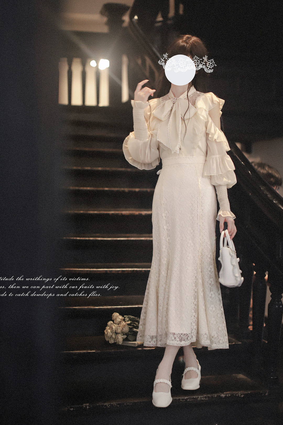 Elegant Open-Shoulder Blouse, Lace Mermaid Skirt 44039:793643