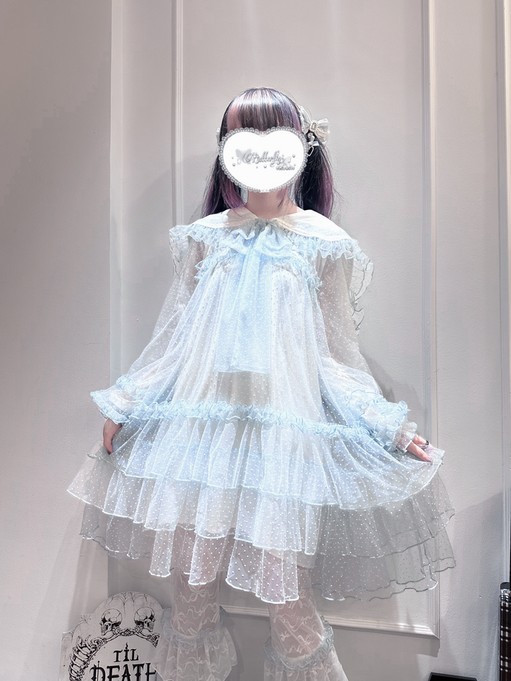 Ryousangata Tulle Polka Dot Blouse & Pants Set 45006:834534