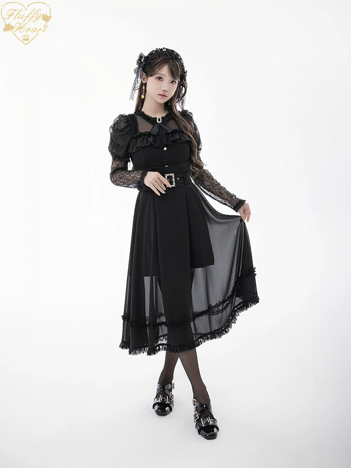Lace-sleeves Jirai Kei Blouse & Voile Skirt With Detachable Belt 42954:758895