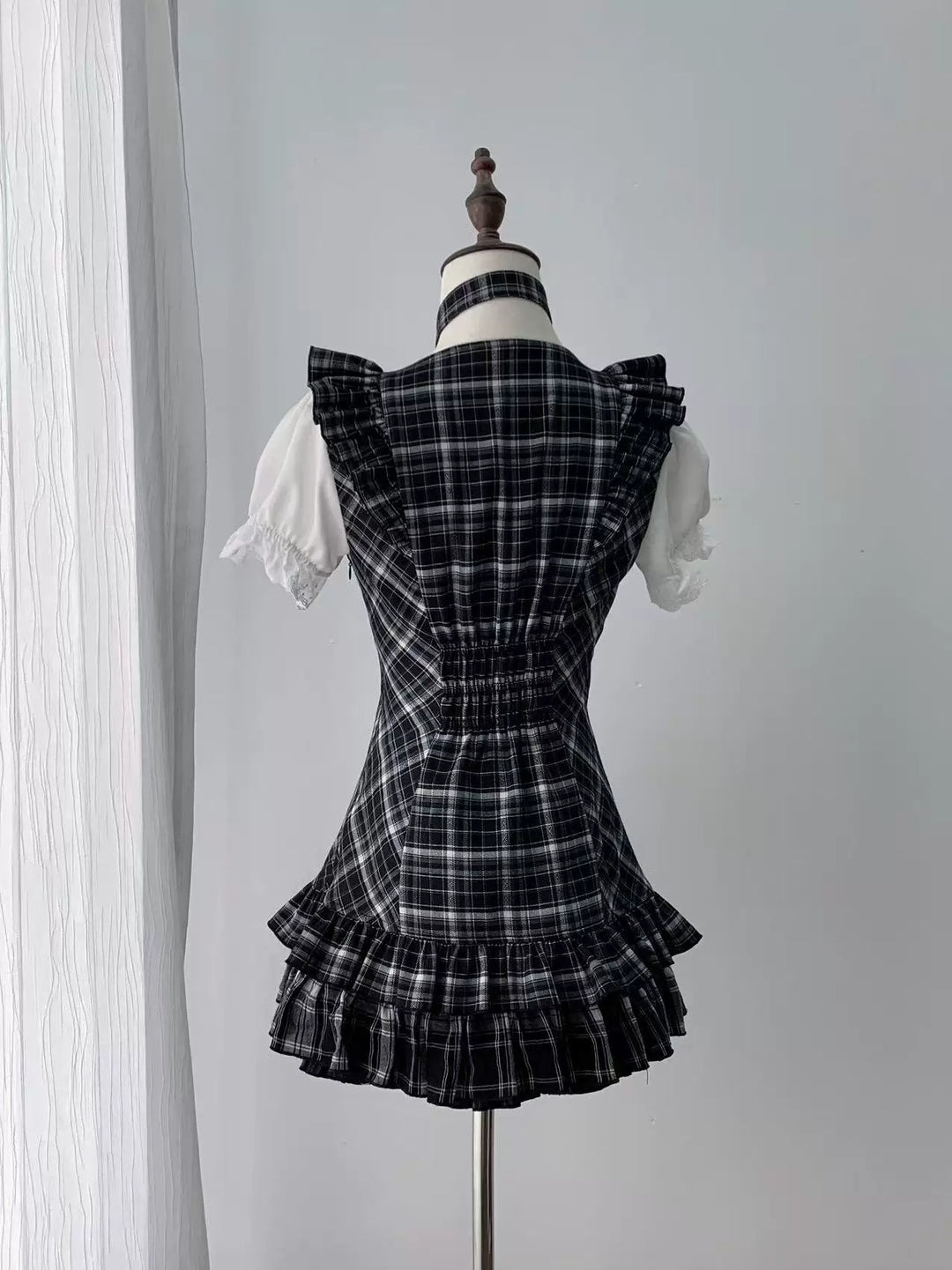 Jirai Kei Black Plaid Dress Set, Heart-Shaped Rhinestone 45004:834480
