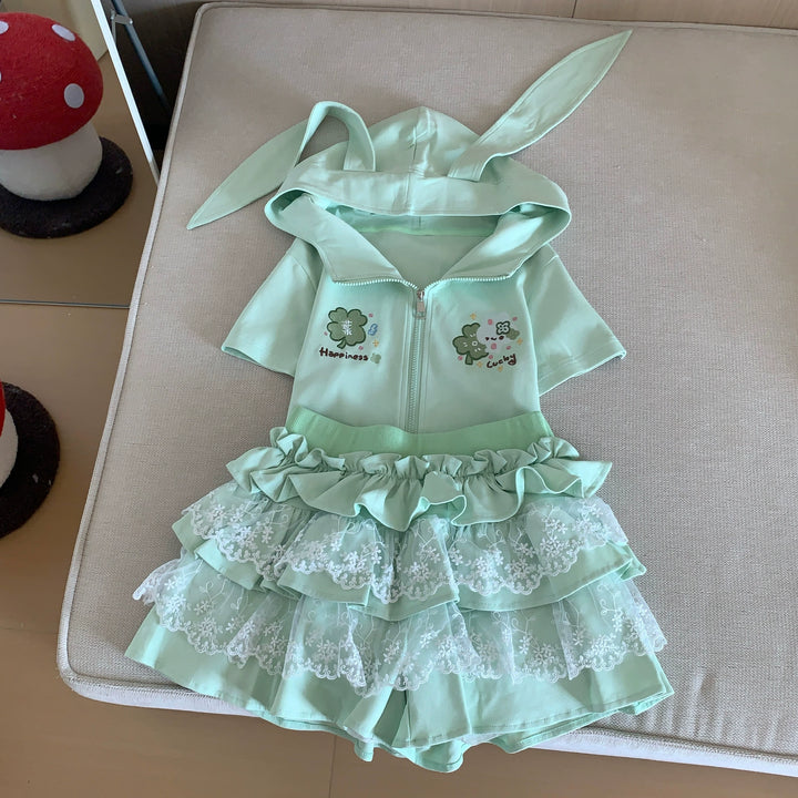Bunny Eared Kawaii Outfit, Zip-Up Sweatshirt + Lace Skirt 43558:779753
