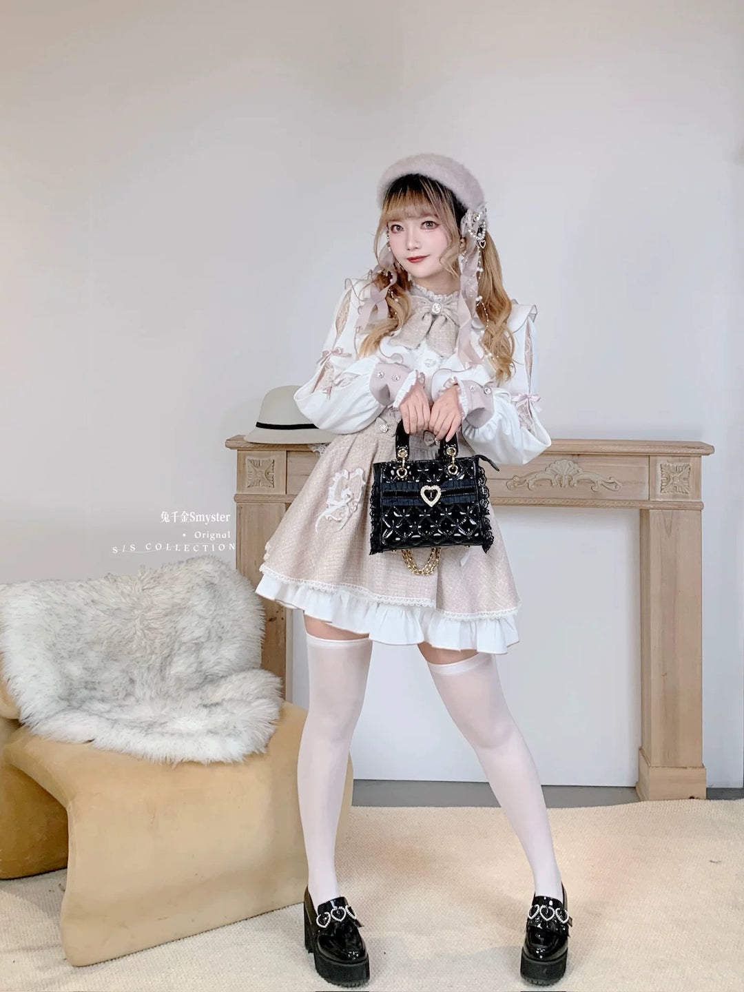 Pink and White Ryousangata Tweed Dress, Elastic Shorts 44755:825251