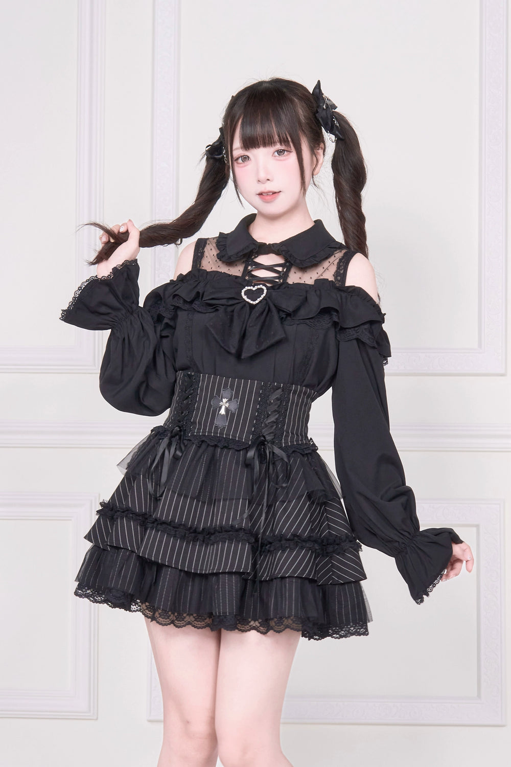 Sheer Open Shoulder Jirai Kei Blouse, Chest Flounce Hem (Black / L M) 43682:782675