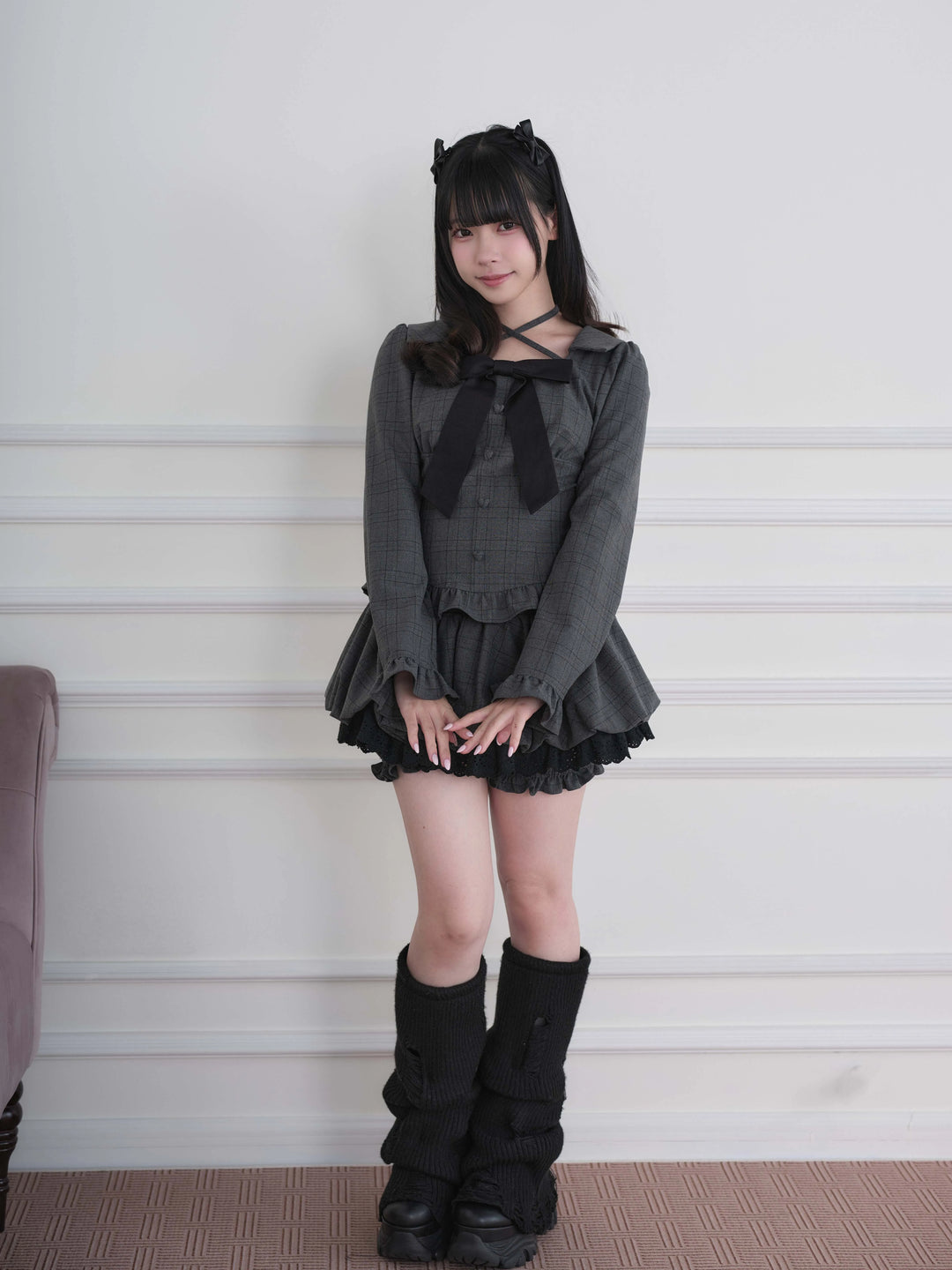 Ryousangata Plaid/Striped Dress & Shorts Set, Chest Big Bow 46031:873216
