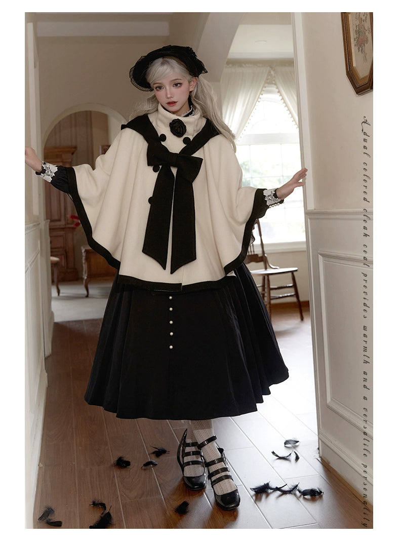 Elegant Lolita Winter Coat Black and White Camellia Cape 40284:658204