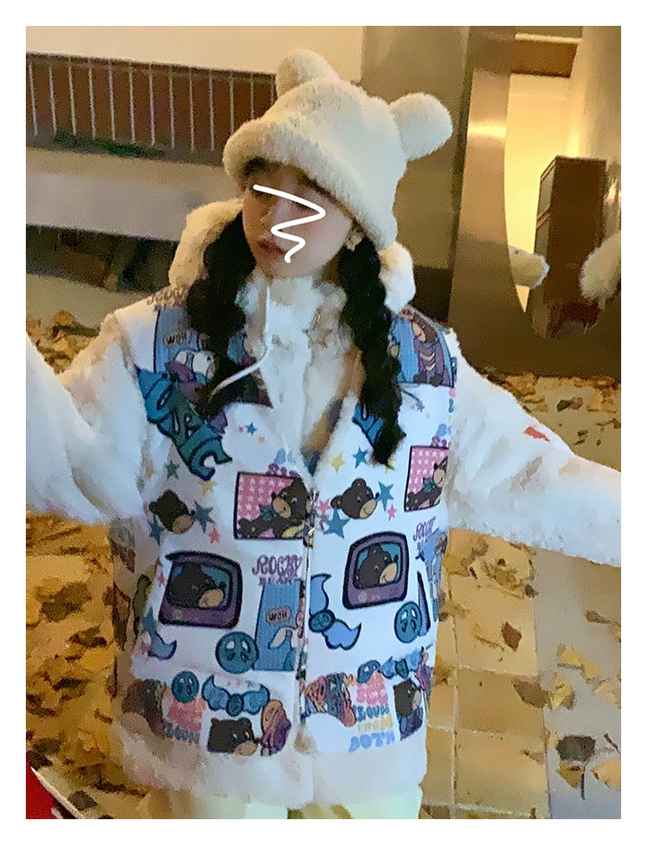 Kawaii Winter Coat Thickened Print Reversible Hooded Coat 39796:640912