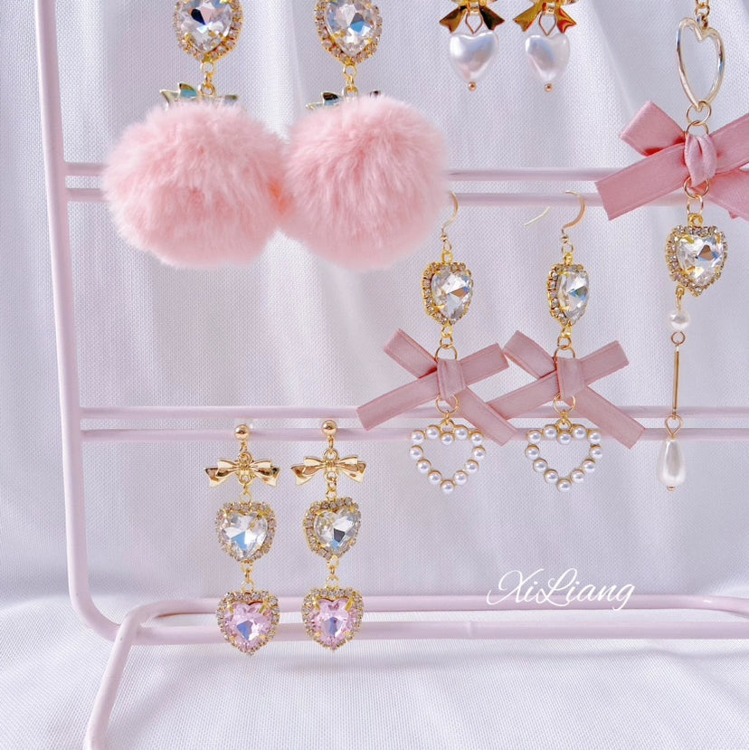 Jirai Kei Earrings Pink Heart Rhinestone Bow Ear Clips 33800:449872 33800:449872