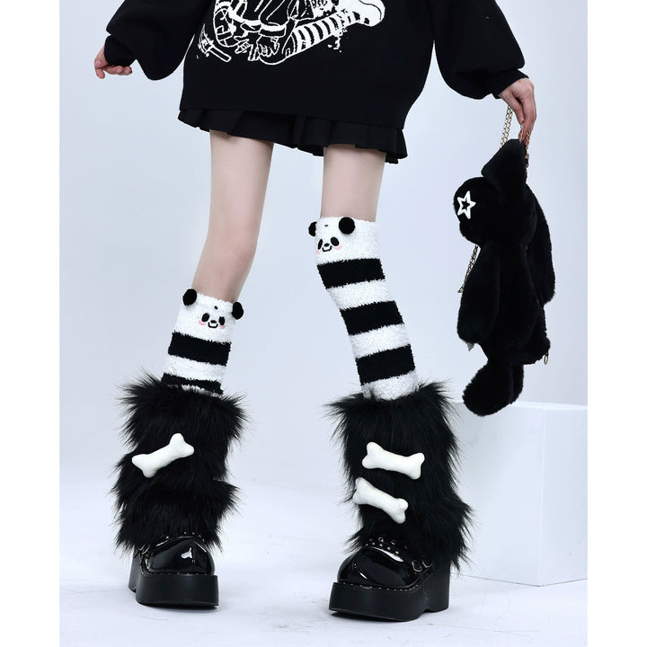 Y2K Socks Black Plush Leg Warmers Striped Knee Socks 39750:640742