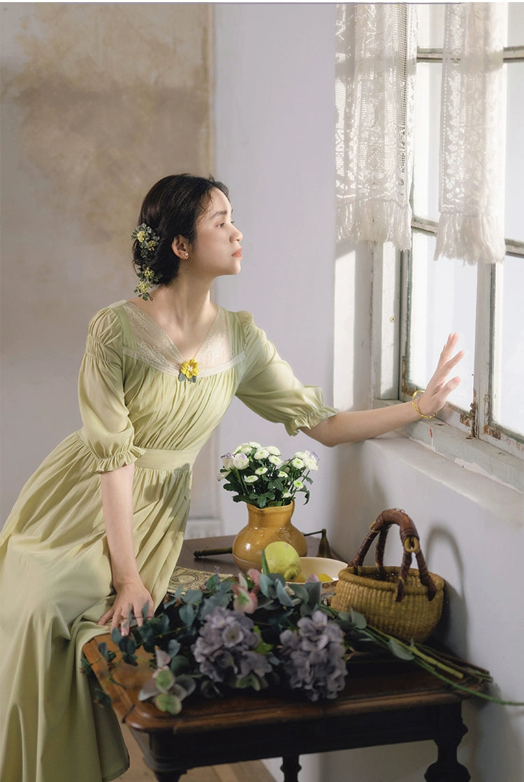 Mori Kei Dress Elegant Dress Matcha Green Lace Trim Dress 36344:547164