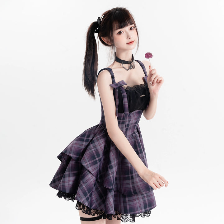 Gyaru Purple Plaid Dress With Lace Trim And Black Bolero (L M S XL) 22508:323412