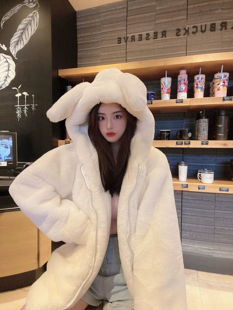 Jirai Kei Winter Coat Thick Fleece Hooded With Cute Bunny Ears 32468:386322