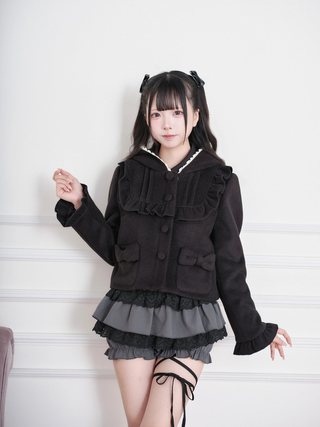 Ryousangata Hooded Solid Coat, Ruffled Neckline 45955:870323