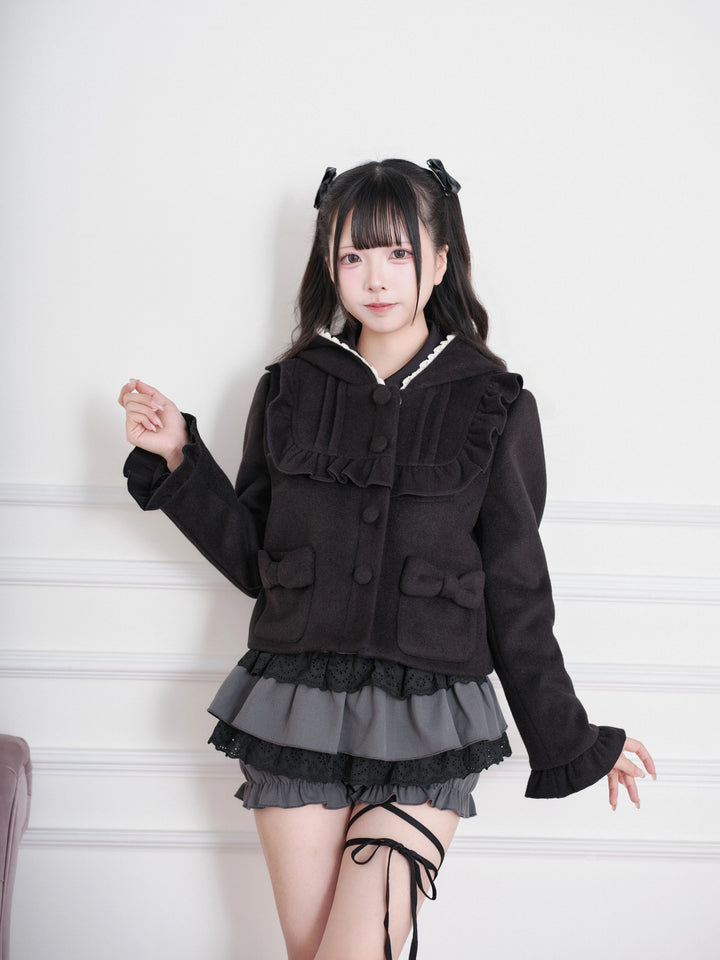 Ryousangata Hooded Solid Coat, Ruffled Neckline 45955:870323
