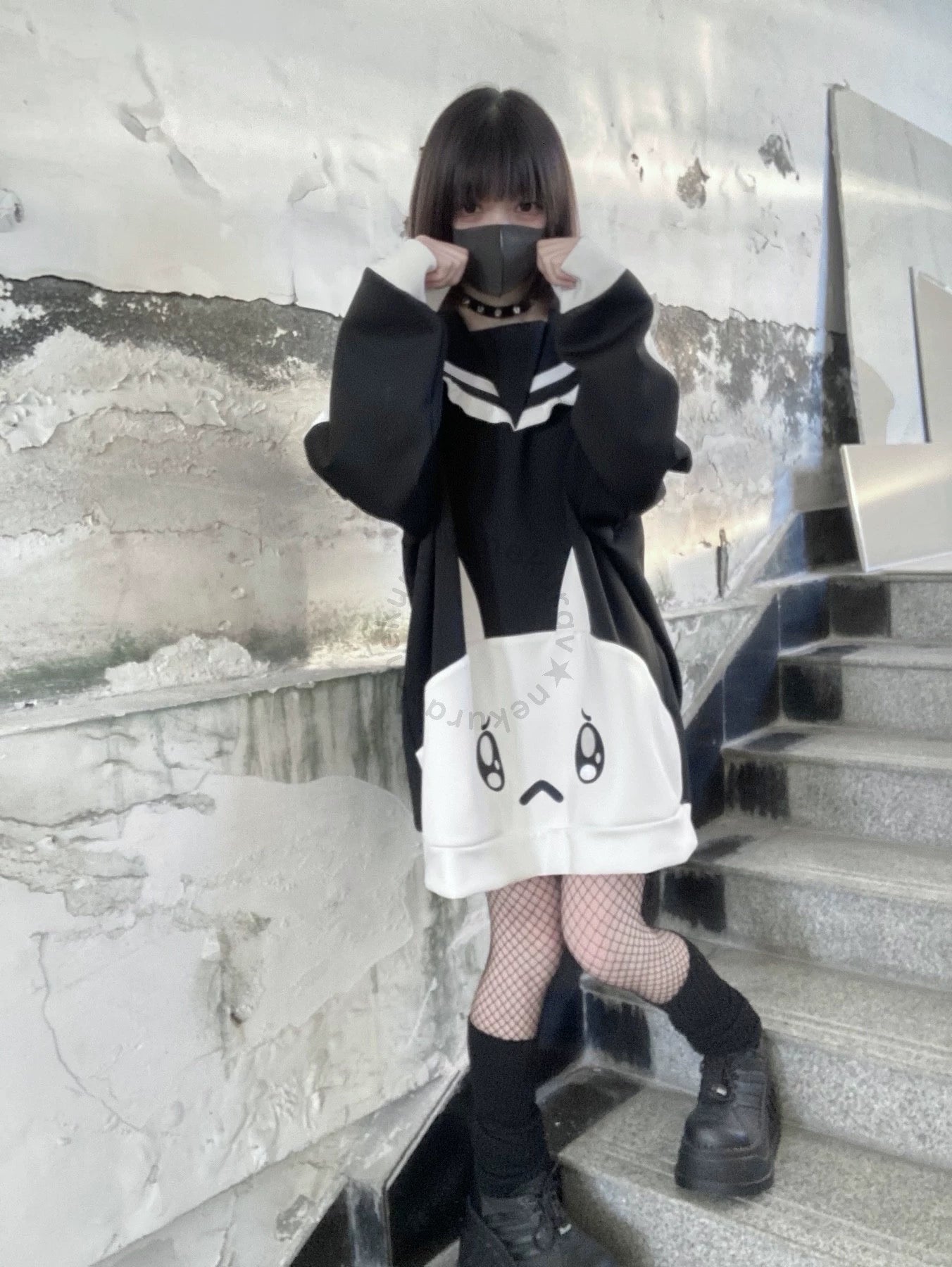 Jirai Kei Black White Hoodie With Bunny Design 29460:346922