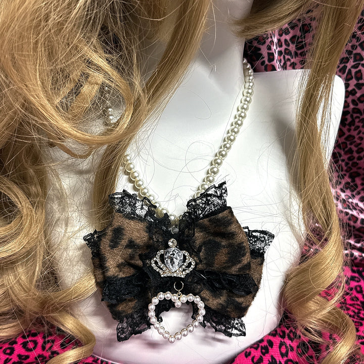 Gyaru Leopard Pearl Necklace, Crown and Heart Rhinestone 45563:852831