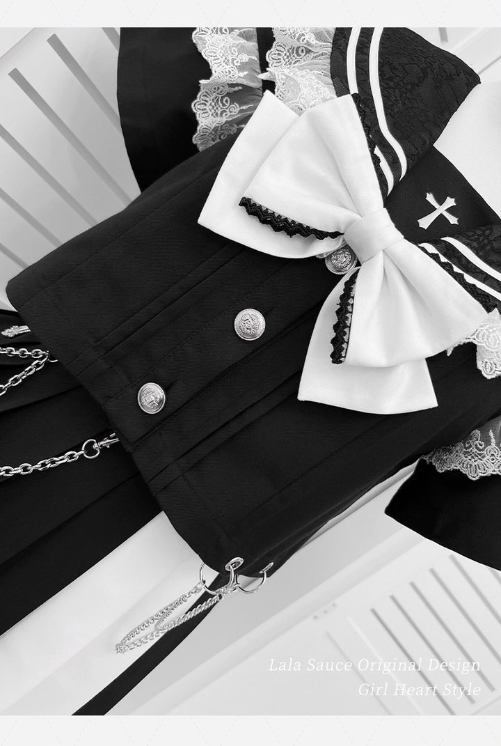 Lace Sailor Collar Gothic Skirt Suit, Detachable Waist Chain 43626:781400